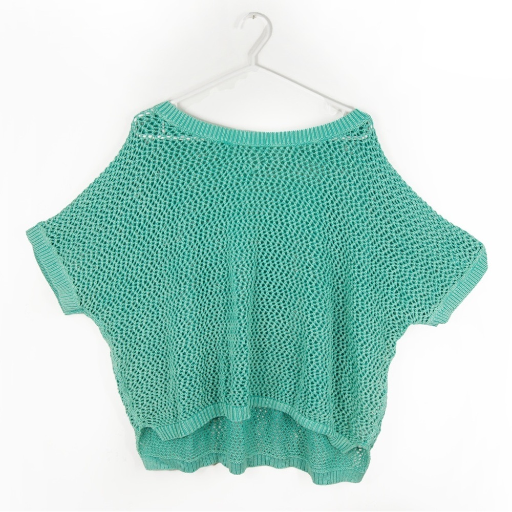 Vintage 90s Pastel Turquoise Blue Knit Mesh Semi Sheer Bat Wing Cover Top